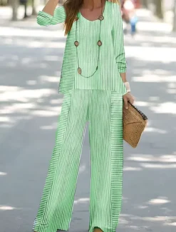 Hot Women's Shirt Blouse 3/4 Length Sleeve Round Neck U Neck Graphic Striped Print Outdoor Vacation Casual Pink Blue Green Summer Regular Fit Women Two Piece Sets