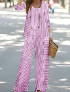 Hot Women's Shirt Blouse 3/4 Length Sleeve Round Neck U Neck Graphic Striped Print Outdoor Vacation Casual Pink Blue Green Summer Regular Fit Women Two Piece Sets
