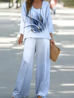 New Women's Shirt Blouse 3/4 Length Sleeve Round Neck U Neck Ombre Graphic Print Outdoor Vacation Casual Pink Blue Clover Summer Loose Fit Women Two Piece Sets