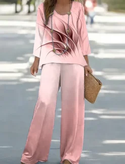 New Women's Shirt Blouse 3/4 Length Sleeve Round Neck U Neck Ombre Graphic Print Outdoor Vacation Casual Pink Blue Clover Summer Loose Fit Women Two Piece Sets