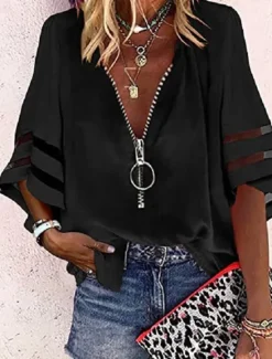 Discount Women's Shirt Blouse Black White Yellow Plain Striped Zipper 3/4 Length Sleeve Daily Holiday Basic Business Casual V Neck S Women Blouses & Shirts