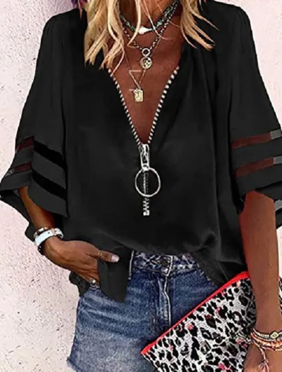 Discount Women's Shirt Blouse Black White Yellow Plain Striped Zipper 3/4 Length Sleeve Daily Holiday Basic Business Casual V Neck S Women Blouses & Shirts