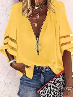 Discount Women's Shirt Blouse Black White Yellow Plain Striped Zipper 3/4 Length Sleeve Daily Holiday Basic Business Casual V Neck S Women Blouses & Shirts