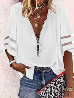 Discount Women's Shirt Blouse Black White Yellow Plain Striped Zipper 3/4 Length Sleeve Daily Holiday Basic Business Casual V Neck S Women Blouses & Shirts