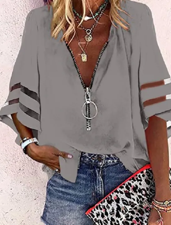 Discount Women's Shirt Blouse Black White Yellow Plain Striped Zipper 3/4 Length Sleeve Daily Holiday Basic Business Casual V Neck S Women Blouses & Shirts