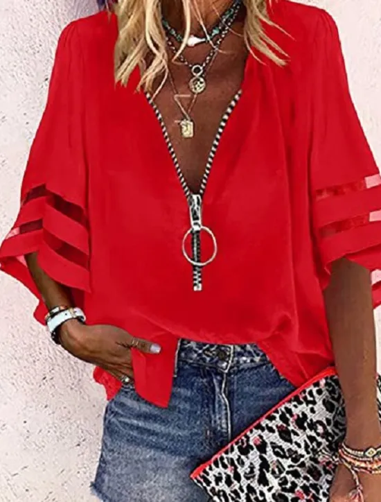 Discount Women's Shirt Blouse Black White Yellow Plain Striped Zipper 3/4 Length Sleeve Daily Holiday Basic Business Casual V Neck S Women Blouses & Shirts