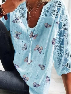 Online Women's Shirt Blouse Butterfly Daily Basic 3/4 Length Sleeve V Neck Regular Tops Daily Patchwork Print White Yellow Blue Summer Spring Women Lace Tops