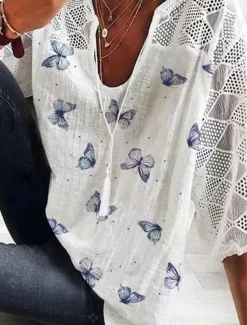 Online Women's Shirt Blouse Butterfly Daily Basic 3/4 Length Sleeve V Neck Regular Tops Daily Patchwork Print White Yellow Blue Summer Spring Women Lace Tops