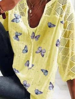 Online Women's Shirt Blouse Butterfly Daily Basic 3/4 Length Sleeve V Neck Regular Tops Daily Patchwork Print White Yellow Blue Summer Spring Women Lace Tops