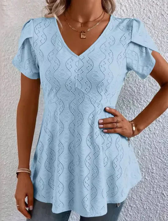 Online Women's Shirt Blouse Casual Cut Out Short Sleeve Regular Tops V Neck Daily White Blue Purple Green Summer Women Lace Tops