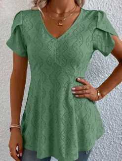Online Women's Shirt Blouse Casual Cut Out Short Sleeve Regular Tops V Neck Daily White Blue Purple Green Summer Women Lace Tops