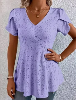 Online Women's Shirt Blouse Casual Cut Out Short Sleeve Regular Tops V Neck Daily White Blue Purple Green Summer Women Lace Tops