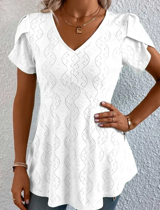 Online Women's Shirt Blouse Casual Cut Out Short Sleeve Regular Tops V Neck Daily White Blue Purple Green Summer Women Lace Tops