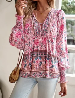 Women's Shirt Blouse Casual Boho Floral Lace up Print Long Sleeve Regular Tops V Neck Vacation Beach Pink Navy Blue Blue Orange Summer Women Spring Tops|Boho Tops
