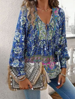 Women's Shirt Blouse Casual Boho Floral Lace up Print Long Sleeve Regular Tops V Neck Vacation Beach Pink Navy Blue Blue Orange Summer Women Spring Tops|Boho Tops
