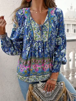 Women's Shirt Blouse Casual Boho Floral Lace up Print Long Sleeve Regular Tops V Neck Vacation Beach Pink Navy Blue Blue Orange Summer Women Spring Tops|Boho Tops