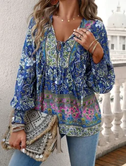Women's Shirt Blouse Casual Boho Floral Lace up Print Long Sleeve Regular Tops V Neck Vacation Beach Pink Navy Blue Blue Orange Summer Women Spring Tops|Boho Tops