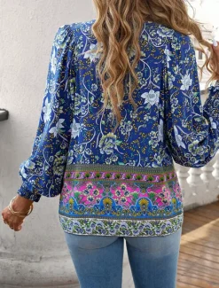 Women's Shirt Blouse Casual Boho Floral Lace up Print Long Sleeve Regular Tops V Neck Vacation Beach Pink Navy Blue Blue Orange Summer Women Spring Tops|Boho Tops