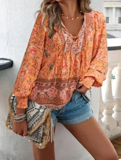 Women's Shirt Blouse Casual Boho Floral Lace up Print Long Sleeve Regular Tops V Neck Vacation Beach Pink Navy Blue Blue Orange Summer Women Spring Tops|Boho Tops