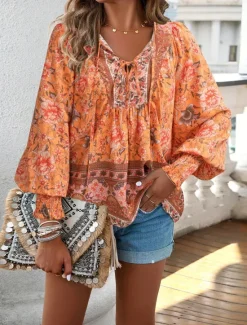 Women's Shirt Blouse Casual Boho Floral Lace up Print Long Sleeve Regular Tops V Neck Vacation Beach Pink Navy Blue Blue Orange Summer Women Spring Tops|Boho Tops
