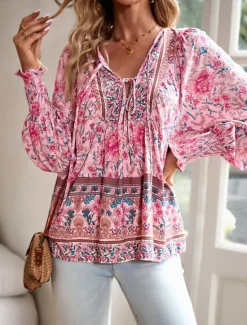 Women's Shirt Blouse Casual Boho Floral Lace up Print Long Sleeve Regular Tops V Neck Vacation Beach Pink Navy Blue Blue Orange Summer Women Spring Tops|Boho Tops