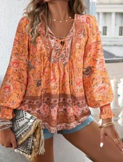 Women's Shirt Blouse Casual Boho Floral Lace up Print Long Sleeve Regular Tops V Neck Vacation Beach Pink Navy Blue Blue Orange Summer Women Spring Tops|Boho Tops