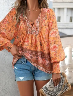 Women's Shirt Blouse Casual Boho Floral Lace up Print Long Sleeve Regular Tops V Neck Vacation Beach Pink Navy Blue Blue Orange Summer Women Spring Tops|Boho Tops