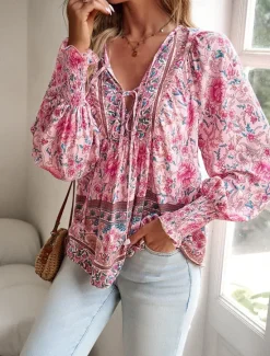 Women's Shirt Blouse Casual Boho Floral Lace up Print Long Sleeve Regular Tops V Neck Vacation Beach Pink Navy Blue Blue Orange Summer Women Spring Tops|Boho Tops