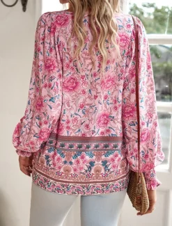 Women's Shirt Blouse Casual Boho Floral Lace up Print Long Sleeve Regular Tops V Neck Vacation Beach Pink Navy Blue Blue Orange Summer Women Spring Tops|Boho Tops