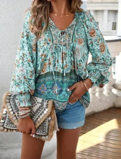 Women's Shirt Blouse Casual Boho Floral Lace up Print Long Sleeve Regular Tops V Neck Vacation Beach Pink Navy Blue Blue Orange Summer Women Spring Tops|Boho Tops