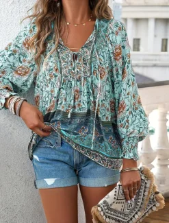 Women's Shirt Blouse Casual Boho Floral Lace up Print Long Sleeve Regular Tops V Neck Vacation Beach Pink Navy Blue Blue Orange Summer Women Spring Tops|Boho Tops