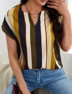 Online Women's Shirt Blouse Casual Striped Print Short Sleeve Regular Tops V Neck Daily Pink Wine Khaki Summer Women Blouses & Shirts