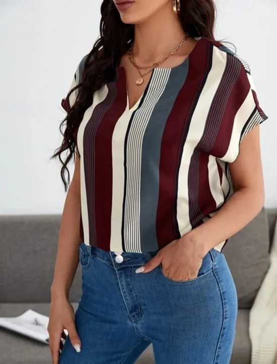 Online Women's Shirt Blouse Casual Striped Print Short Sleeve Regular Tops V Neck Daily Pink Wine Khaki Summer Women Blouses & Shirts