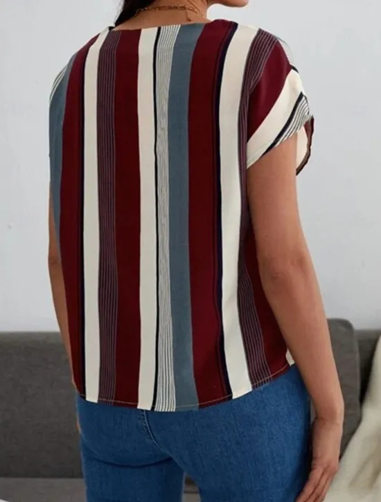 Online Women's Shirt Blouse Casual Striped Print Short Sleeve Regular Tops V Neck Daily Pink Wine Khaki Summer Women Blouses & Shirts