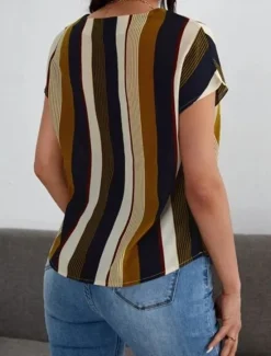 Online Women's Shirt Blouse Casual Striped Print Short Sleeve Regular Tops V Neck Daily Pink Wine Khaki Summer Women Blouses & Shirts