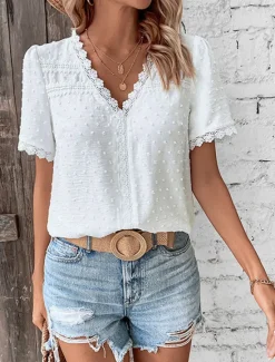 Women's Shirt Blouse Casual Lace Short Sleeve Regular Tops V Neck Daily White Army Green Navy Blue Khaki Summer Women Lace Tops