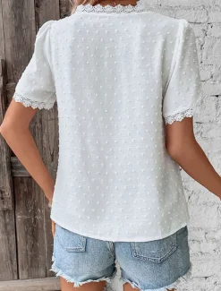 Women's Shirt Blouse Casual Lace Short Sleeve Regular Tops V Neck Daily White Army Green Navy Blue Khaki Summer Women Lace Tops