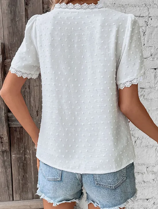 Women's Shirt Blouse Casual Lace Short Sleeve Regular Tops V Neck Daily White Army Green Navy Blue Khaki Summer Women Lace Tops