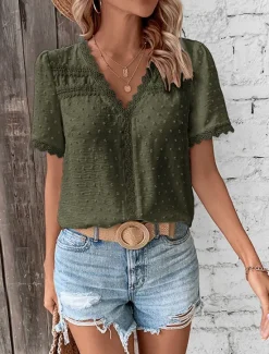 Women's Shirt Blouse Casual Lace Short Sleeve Regular Tops V Neck Daily White Army Green Navy Blue Khaki Summer Women Lace Tops