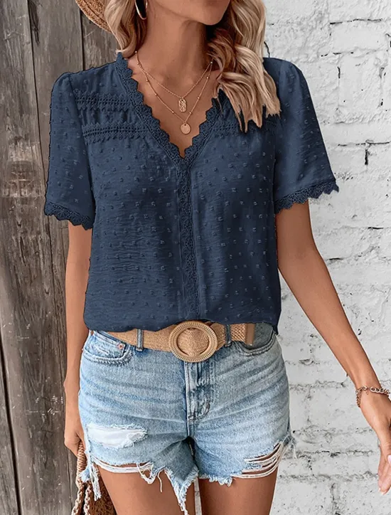 Women's Shirt Blouse Casual Lace Short Sleeve Regular Tops V Neck Daily White Army Green Navy Blue Khaki Summer Women Lace Tops
