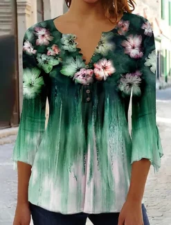Discount Women's Shirt Blouse Casual Floral Buttons Print 3/4 Length Sleeve Regular Tops Crew Neck Vacation Daily Blue Green Light Blue Spring & Summer Women Spring Tops