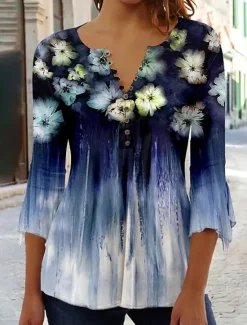 Discount Women's Shirt Blouse Casual Floral Buttons Print 3/4 Length Sleeve Regular Tops Crew Neck Vacation Daily Blue Green Light Blue Spring & Summer Women Spring Tops