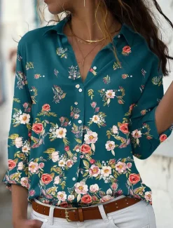 Discount Women's Shirt Blouse Casual Floral Buttons Print Long Sleeve Regular Tops Shirt Collar Vacation Daily Blue Green Spring & Fall Women Spring Tops