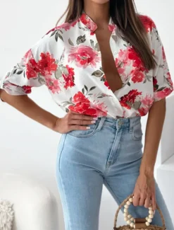 Clearance Women's Shirt Blouse Casual Floral Buttons Print 3/4 Length Sleeve Regular Tops Shirt Collar Vacation Daily Red Blue Spring & Summer Women Spring Tops