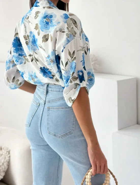 Clearance Women's Shirt Blouse Casual Floral Buttons Print 3/4 Length Sleeve Regular Tops Shirt Collar Vacation Daily Red Blue Spring & Summer Women Spring Tops