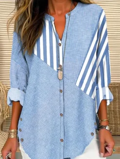 Sale Women's Shirt Blouse Casual Striped Buttons Print Long Sleeve Regular Tops V Neck Vacation Daily Spring & Summer Women Blouses & Shirts