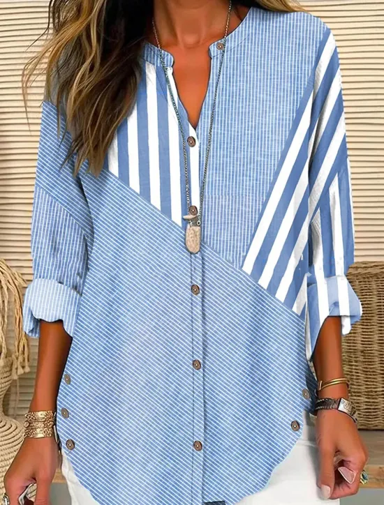 Sale Women's Shirt Blouse Casual Striped Buttons Print Long Sleeve Regular Tops V Neck Vacation Daily Spring & Summer Women Blouses & Shirts