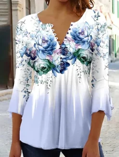 Discount Women's Shirt Blouse Casual Floral Buttons Print 3/4 Length Sleeve Regular Tops Crew Neck Vacation Daily Pink Blue Purple Spring & Summer Women Spring Tops