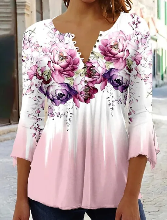 Discount Women's Shirt Blouse Casual Floral Buttons Print 3/4 Length Sleeve Regular Tops Crew Neck Vacation Daily Pink Blue Purple Spring & Summer Women Spring Tops