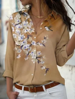 New Women's Shirt Blouse Casual Floral Buttons Print Long Sleeve Regular Tops Shirt Collar Vacation Daily Pink Blue Purple Khaki Spring & Fall Women Blouses & Shirts